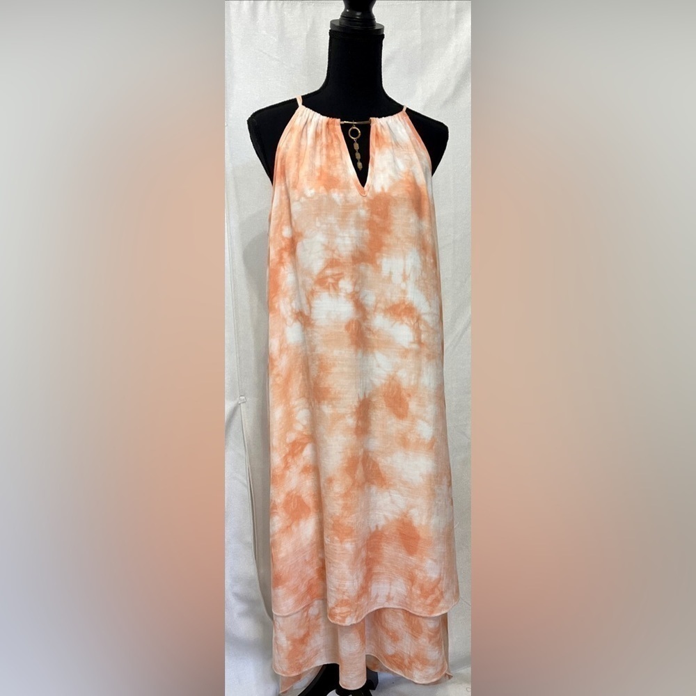 Mlle Gabrielle tie dye tangerine/white tiered bejeweled neck airy flowy lined. L - Picture 6 of 7